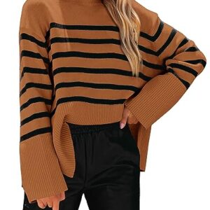 KIRUNDO Women's 2023 Fall Winter Casual Oversized Long Sleeve Striped Sweater Crew Neck Ribbed Knit Side Slit Pullover(Brown, Large)