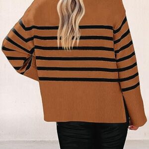 KIRUNDO Women's 2023 Fall Winter Casual Oversized Long Sleeve Striped Sweater Crew Neck Ribbed Knit Side Slit Pullover(Brown, Large)