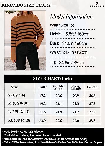 KIRUNDO Women's 2023 Fall Winter Casual Oversized Long Sleeve Striped Sweater Crew Neck Ribbed Knit Side Slit Pullover(Brown, Large)