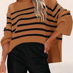 KIRUNDO Women's 2023 Fall Winter Casual Oversized Long Sleeve Striped Sweater Crew Neck Ribbed Knit Side Slit Pullover(Brown, Large)