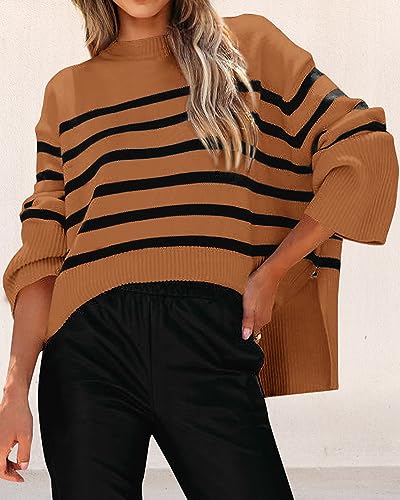 KIRUNDO Women's 2023 Fall Winter Casual Oversized Long Sleeve Striped Sweater Crew Neck Ribbed Knit Side Slit Pullover(Brown, Large)