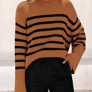 KIRUNDO Women's 2023 Fall Winter Casual Oversized Long Sleeve Striped Sweater Crew Neck Ribbed Knit Side Slit Pullover(Brown, Large)