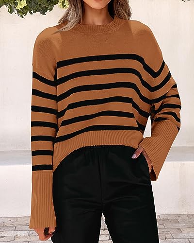 KIRUNDO Women's 2023 Fall Winter Casual Oversized Long Sleeve Striped Sweater Crew Neck Ribbed Knit Side Slit Pullover(Brown, Large)