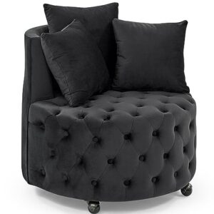 lktart velvet upholstered swivel chair sofa chair with wheels with button tufted design and movable wheelsincluding 3 pillows for bedroom reception room living room black