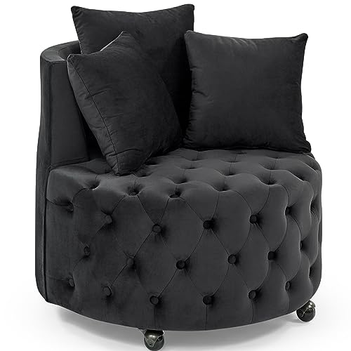 LKTART Velvet Upholstered Swivel Chair Sofa Chair with Wheels with Button Tufted Design and Movable WheelsIncluding 3 Pillows for Bedroom Reception Room Living Room Black