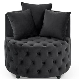 LKTART Velvet Upholstered Swivel Chair Sofa Chair with Wheels with Button Tufted Design and Movable WheelsIncluding 3 Pillows for Bedroom Reception Room Living Room Black