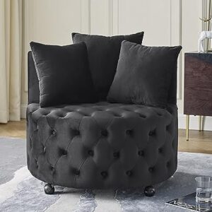 LKTART Velvet Upholstered Swivel Chair Sofa Chair with Wheels with Button Tufted Design and Movable WheelsIncluding 3 Pillows for Bedroom Reception Room Living Room Black