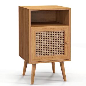 Betterhood Rattan Nightstand, Boho Side Table with Handmade Rattan Decorated Drawer, Mid-Century Modern Nightstand with Open Storage Shelf for Bedroom, Living Room, Natural