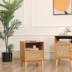 Betterhood Rattan Nightstand, Boho Side Table with Handmade Rattan Decorated Drawer, Mid-Century Modern Nightstand with Open Storage Shelf for Bedroom, Living Room, Natural