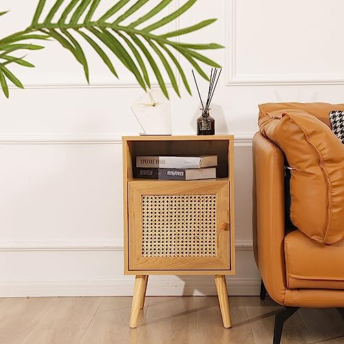 Betterhood Rattan Nightstand, Boho Side Table with Handmade Rattan Decorated Drawer, Mid-Century Modern Nightstand with Open Storage Shelf for Bedroom, Living Room, Natural