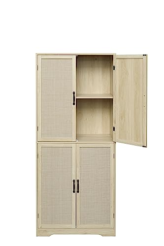 wirrytor 71" Rattan Storage Cabinet with 4 Doors, Tall Accent Kitchen Pantry Cabinet, Freestanding Rattan Cabinet for Dining Room, Living Room, Kitchen, Bedroom, Natural