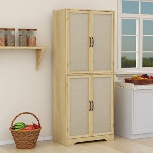 wirrytor 71" Rattan Storage Cabinet with 4 Doors, Tall Accent Kitchen Pantry Cabinet, Freestanding Rattan Cabinet for Dining Room, Living Room, Kitchen, Bedroom, Natural