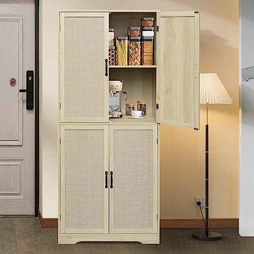 wirrytor 71" Rattan Storage Cabinet with 4 Doors, Tall Accent Kitchen Pantry Cabinet, Freestanding Rattan Cabinet for Dining Room, Living Room, Kitchen, Bedroom, Natural