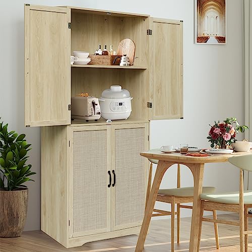 wirrytor 71" Rattan Storage Cabinet with 4 Doors, Tall Accent Kitchen Pantry Cabinet, Freestanding Rattan Cabinet for Dining Room, Living Room, Kitchen, Bedroom, Natural