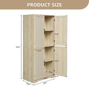 wirrytor 71" Rattan Storage Cabinet with 4 Doors, Tall Accent Kitchen Pantry Cabinet, Freestanding Rattan Cabinet for Dining Room, Living Room, Kitchen, Bedroom, Natural