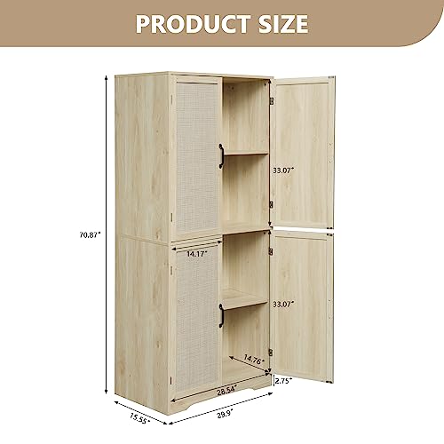 wirrytor 71" Rattan Storage Cabinet with 4 Doors, Tall Accent Kitchen Pantry Cabinet, Freestanding Rattan Cabinet for Dining Room, Living Room, Kitchen, Bedroom, Natural