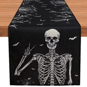 ourwarm halloween table runner 72 inches long, vintage skull bat black burlap halloween table runners skeleton burlap day of dead table decor for kitchen holiday indoor home party