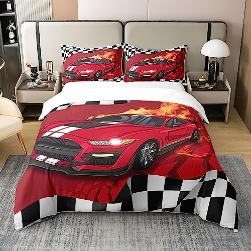 jejeloiu Kids Race Car Duvet Cover 100% Cotton Twin Size Speed Sports Car Bedding Cotton Duvet Cover Set Decor Extreme Sports Comforter Cover Set Red Black White Bedspread Cover