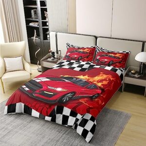 jejeloiu Kids Race Car Duvet Cover 100% Cotton Twin Size Speed Sports Car Bedding Cotton Duvet Cover Set Decor Extreme Sports Comforter Cover Set Red Black White Bedspread Cover