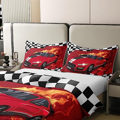 jejeloiu Kids Race Car Duvet Cover 100% Cotton Twin Size Speed Sports Car Bedding Cotton Duvet Cover Set Decor Extreme Sports Comforter Cover Set Red Black White Bedspread Cover