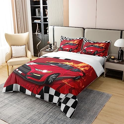 jejeloiu Kids Race Car Duvet Cover 100% Cotton Twin Size Speed Sports Car Bedding Cotton Duvet Cover Set Decor Extreme Sports Comforter Cover Set Red Black White Bedspread Cover