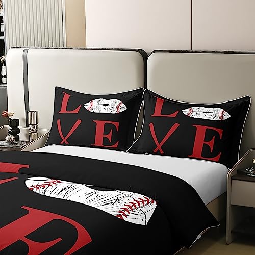 jejeloiu Baseball Duvet Cover 100% Cotton Full Size Sports Game Bedding SetBaseball Gaming Gift for Baseball Lover Red Black Comforter Cover Set