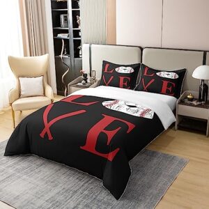 jejeloiu Baseball Duvet Cover 100% Cotton Full Size Sports Game Bedding SetBaseball Gaming Gift for Baseball Lover Red Black Comforter Cover Set