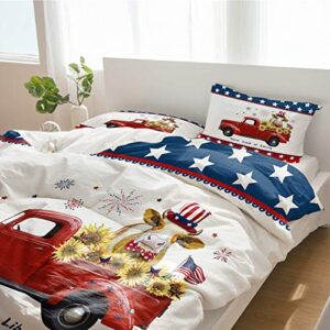 Twin 3 Pieces Duvet Cover Sets 4th of July Sunflower Cow on Red Truck Bedding Set,Microfiber Ultra Soft Bed Sheet with Pillow Shams,Luxury Quilt Covers for Bedroom Decor Freedom Star on Blue Red