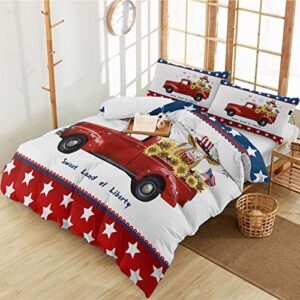 Twin 3 Pieces Duvet Cover Sets 4th of July Sunflower Cow on Red Truck Bedding Set,Microfiber Ultra Soft Bed Sheet with Pillow Shams,Luxury Quilt Covers for Bedroom Decor Freedom Star on Blue Red