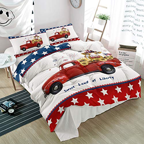 Twin 3 Pieces Duvet Cover Sets 4th of July Sunflower Cow on Red Truck Bedding Set,Microfiber Ultra Soft Bed Sheet with Pillow Shams,Luxury Quilt Covers for Bedroom Decor Freedom Star on Blue Red