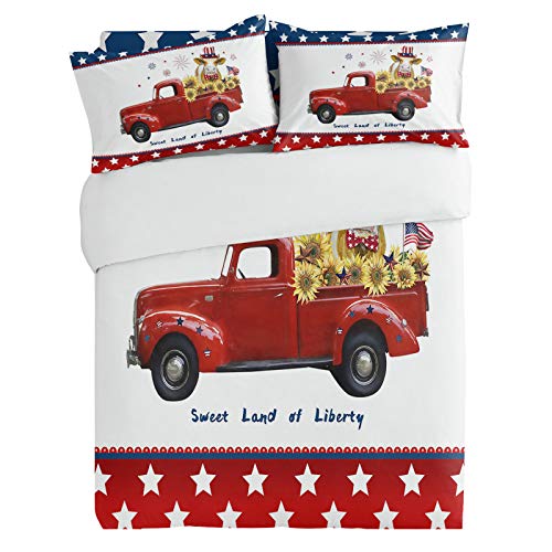 Twin 3 Pieces Duvet Cover Sets 4th of July Sunflower Cow on Red Truck Bedding Set,Microfiber Ultra Soft Bed Sheet with Pillow Shams,Luxury Quilt Covers for Bedroom Decor Freedom Star on Blue Red