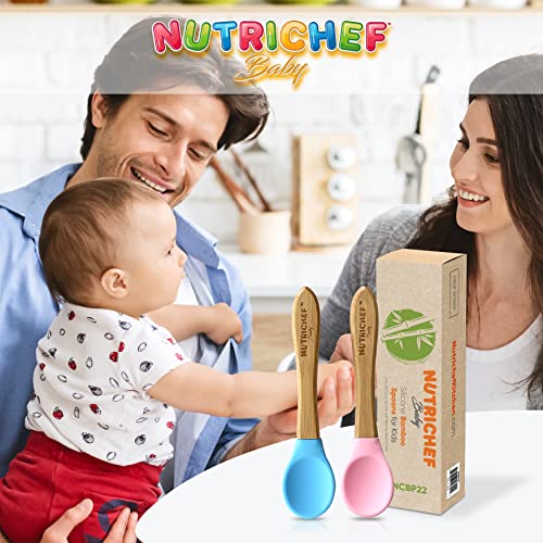 Nutrichef 2 Piece Baby & Toddler Spoon Set, All Natural Wooden Spoon Set w/Soft Curved Food Grade Silicone Head, Self-Feeding Utensils, BPA Free, Toddler & Child Tableware for ages 4 months- 6 years