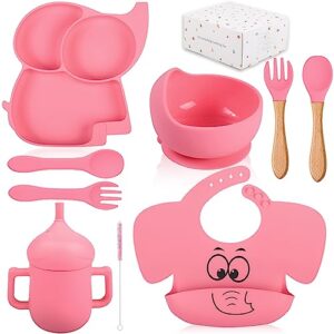 silicone baby feeding set,11pack toddlers weaning feeding sippy cup with straw and lid,baby bibs,bowl plate with suction,baby feeding supplies set (elephant_light pink)
