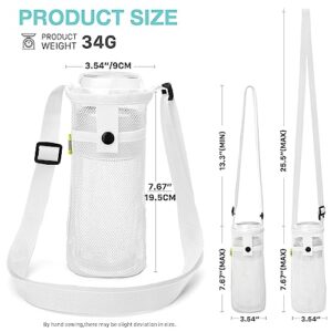 Water Bottle Bag with Strap, Mesh Water Bottle Holder Crossbody Water Bottle Sling Bag Adjustable Shoulder Strap and Pocket - Lightweight Water Bottle Carrier for Walking Sports Hiking Camping (White)