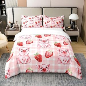 castle fairy 100% cotton red strawberry duvet cover queen size watercolor pig comforter cover with 2 pillowcases for teens adults pink plaid rustic farmhouse bedding set 3 pcs bed cover