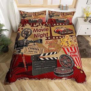 Retro Cinema Duvet Cover Queen Size,Movie Theater Comforter Cover with 2 Pillowcase for Teens Adults,Kids Popcorn and Film Bedding Set,Vintage Cinema Ticket Breathable 3 Pieces Decorative Bed Cover