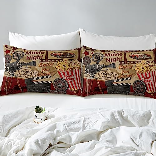 Retro Cinema Duvet Cover Queen Size,Movie Theater Comforter Cover with 2 Pillowcase for Teens Adults,Kids Popcorn and Film Bedding Set,Vintage Cinema Ticket Breathable 3 Pieces Decorative Bed Cover