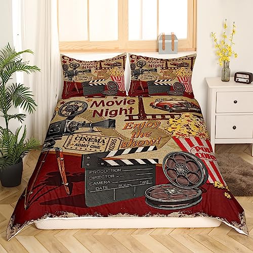 Retro Cinema Duvet Cover Queen Size,Movie Theater Comforter Cover with 2 Pillowcase for Teens Adults,Kids Popcorn and Film Bedding Set,Vintage Cinema Ticket Breathable 3 Pieces Decorative Bed Cover