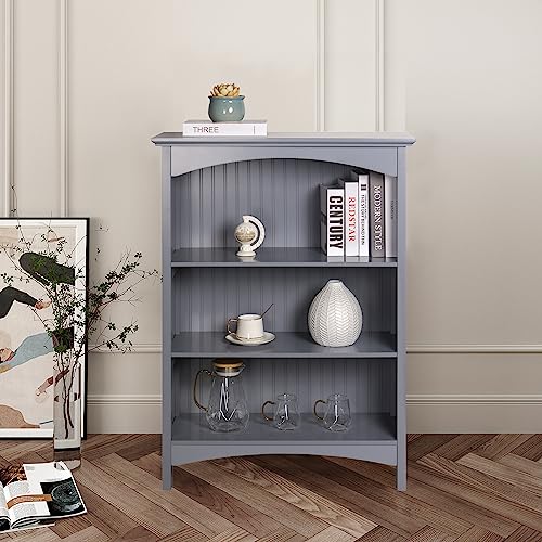 eHemco 3 Tier Bookcase with 2 Arched Supports, 40 Inches, Gray