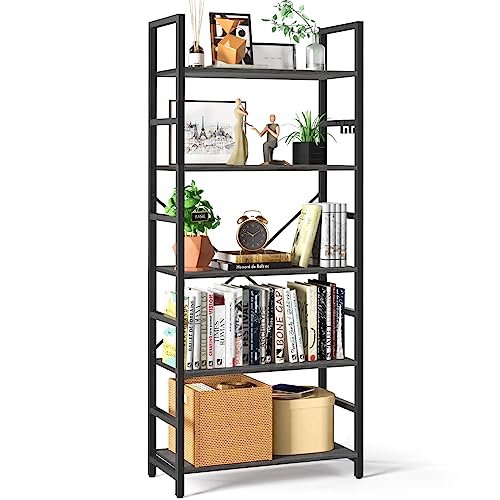 Yoobure 5 Tier Bookshelf - Tall Book Shelf Modern Bookcase for CDs/Movies/Books, Rustic Book Case Industrial Bookshelves Book Storage Organizer for Bedroom Home Office Living Room Grey