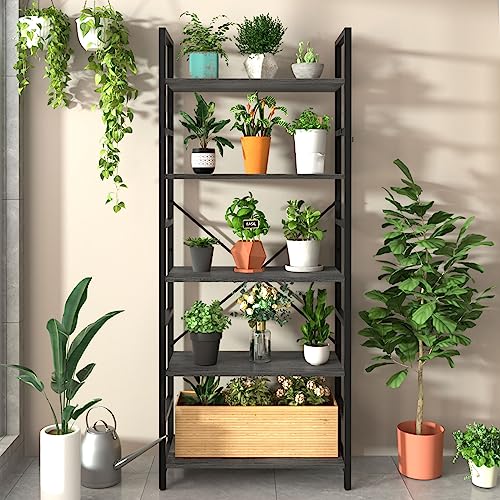 Yoobure 5 Tier Bookshelf - Tall Book Shelf Modern Bookcase for CDs/Movies/Books, Rustic Book Case Industrial Bookshelves Book Storage Organizer for Bedroom Home Office Living Room Grey