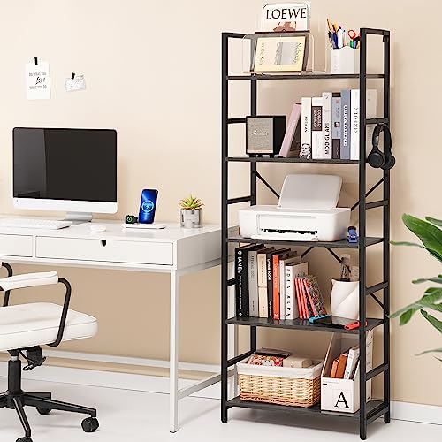 Yoobure 5 Tier Bookshelf - Tall Book Shelf Modern Bookcase for CDs/Movies/Books, Rustic Book Case Industrial Bookshelves Book Storage Organizer for Bedroom Home Office Living Room Grey