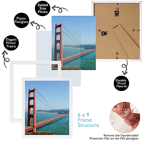 HEYTUYA 6x9 inch Picture Frame White for Wall Hanging or Tabletop, Wood Wall Gallery Poster Frame Photo Frame with Durable Shatter Resistant Plexiglas, White