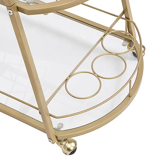 EDWINENE Bar Cart Gold, Metal Frame Home Bar Serving Cart, Wine Cart with 3 Mirrored Shelves, Wine Rack and Glass Holder for Kitchen, Dining Room, Party