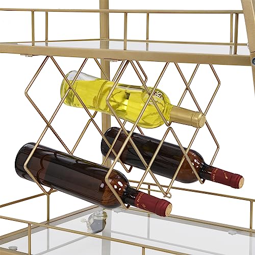EDWINENE Bar Cart Gold, Metal Frame Home Bar Serving Cart, Wine Cart with 3 Mirrored Shelves, Wine Rack and Glass Holder for Kitchen, Dining Room, Party