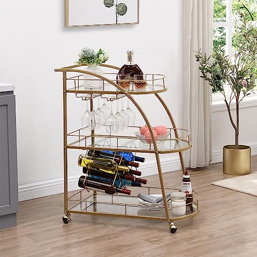 EDWINENE Bar Cart Gold, Metal Frame Home Bar Serving Cart, Wine Cart with 3 Mirrored Shelves, Wine Rack and Glass Holder for Kitchen, Dining Room, Party