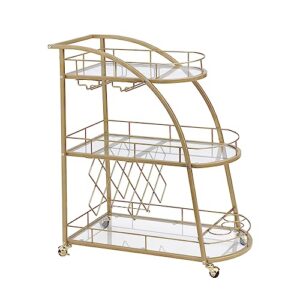EDWINENE Bar Cart Gold, Metal Frame Home Bar Serving Cart, Wine Cart with 3 Mirrored Shelves, Wine Rack and Glass Holder for Kitchen, Dining Room, Party