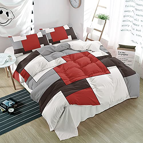 3 Pieces Duvet Cover Bedding Set Twin Mid Century Geometric Abstract Art Breathable Ultra Soft Comforter Cover with Zipper and Pillowcases Luxury Quilt Covers Modern Classic Red Gray Square