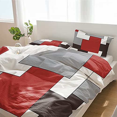 3 Pieces Duvet Cover Bedding Set Twin Mid Century Geometric Abstract Art Breathable Ultra Soft Comforter Cover with Zipper and Pillowcases Luxury Quilt Covers Modern Classic Red Gray Square