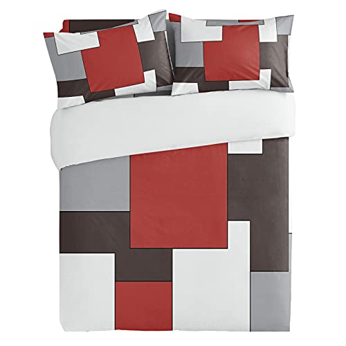 3 Pieces Duvet Cover Bedding Set Twin Mid Century Geometric Abstract Art Breathable Ultra Soft Comforter Cover with Zipper and Pillowcases Luxury Quilt Covers Modern Classic Red Gray Square